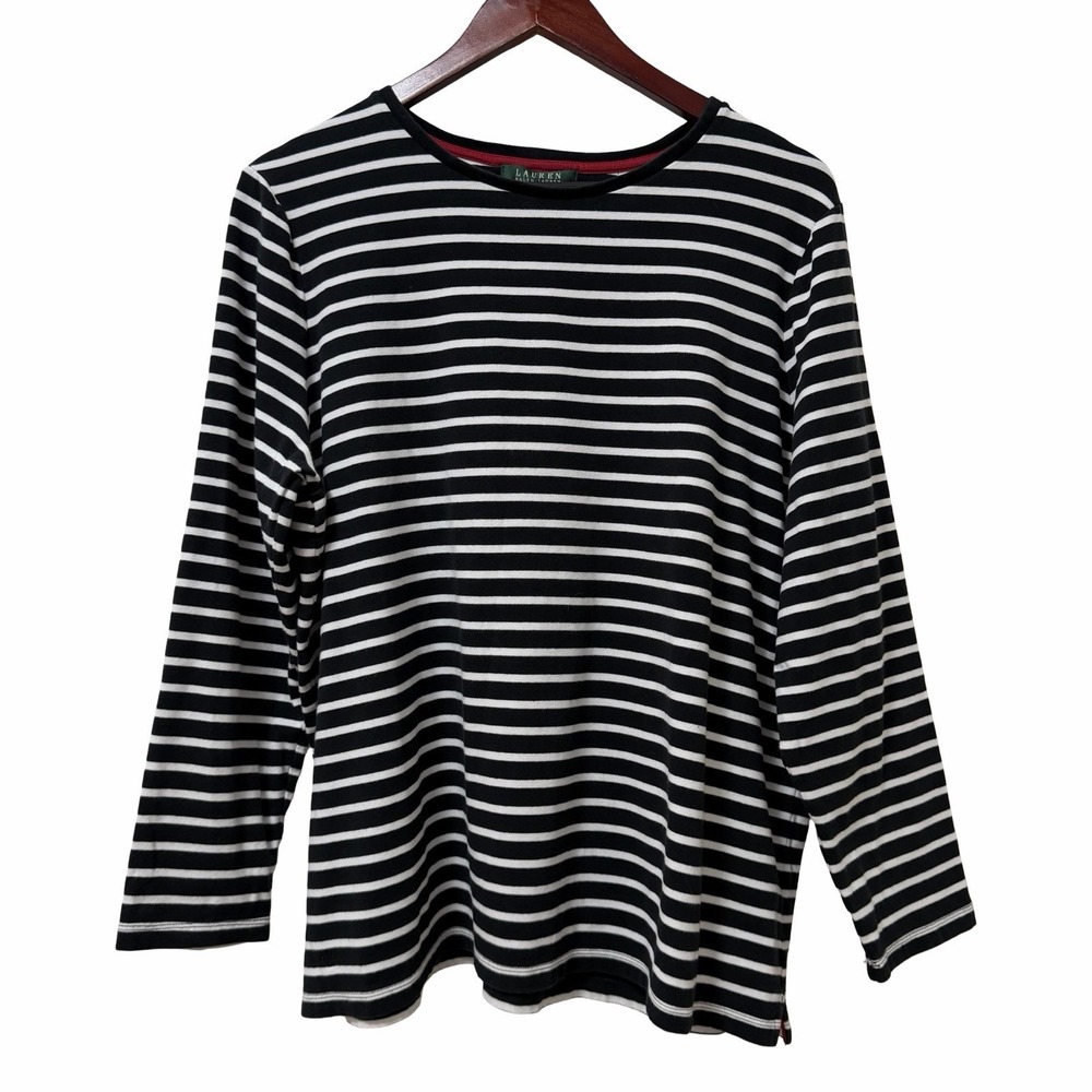 LRL Ralph Lauren Women Stripe Knit Long Sleeve Top Size 2X Black Everyday Preppy